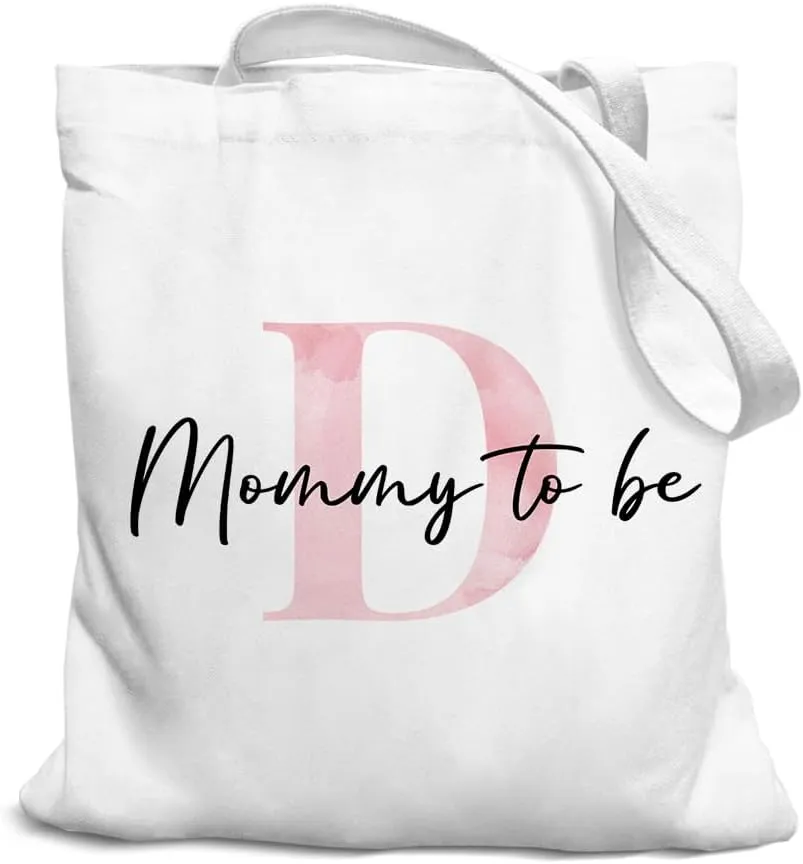Initial Mommy to Be Gifts Pink Canvas Tote Bag for Women, New Mom Gifts, Mommy to be Gift Tote Bag, Alphabet Tote Bag