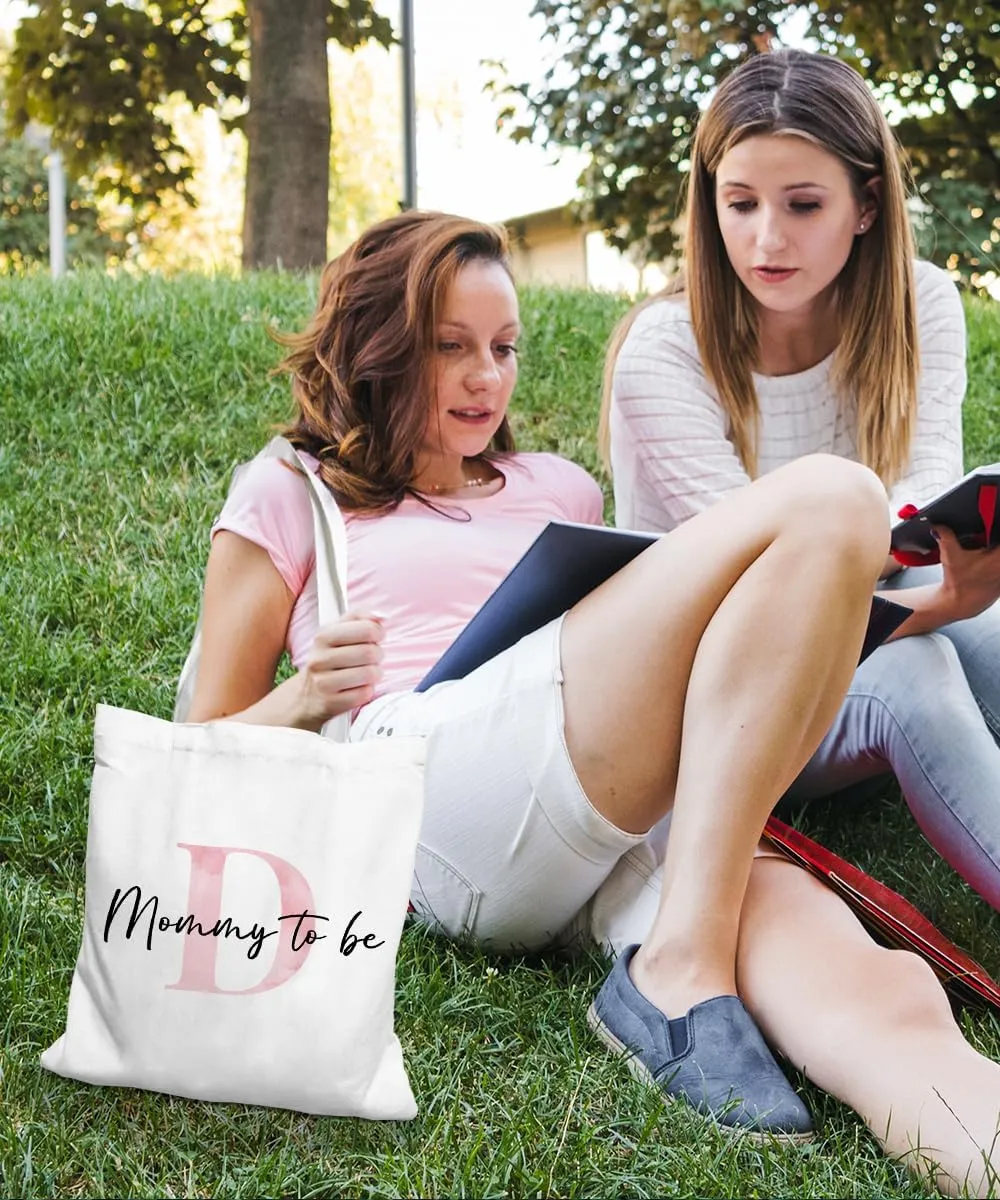 Initial Mommy to Be Gifts Pink Canvas Tote Bag for Women, New Mom Gifts, Mommy to be Gift Tote Bag, Alphabet Tote Bag