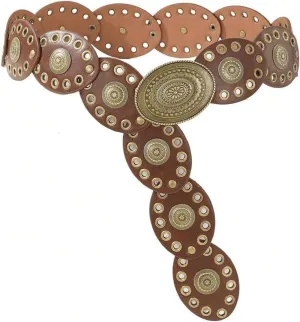 INOGIH Womens Wide Western Cowboy Disc Belt Vintage Cowgirl Concho Leather Belts Boho Style for Jeans Dress Skirt