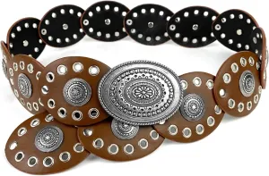 INOGIH Womens Wide Western Cowboy Disc Belt Vintage Cowgirl Concho Leather Belts Boho Style for Jeans Dress Skirt
