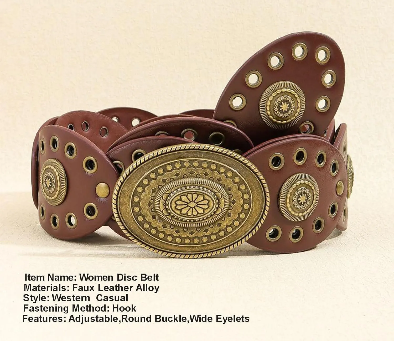 INOGIH Womens Wide Western Cowboy Disc Belt Vintage Cowgirl Concho Leather Belts Boho Style for Jeans Dress Skirt