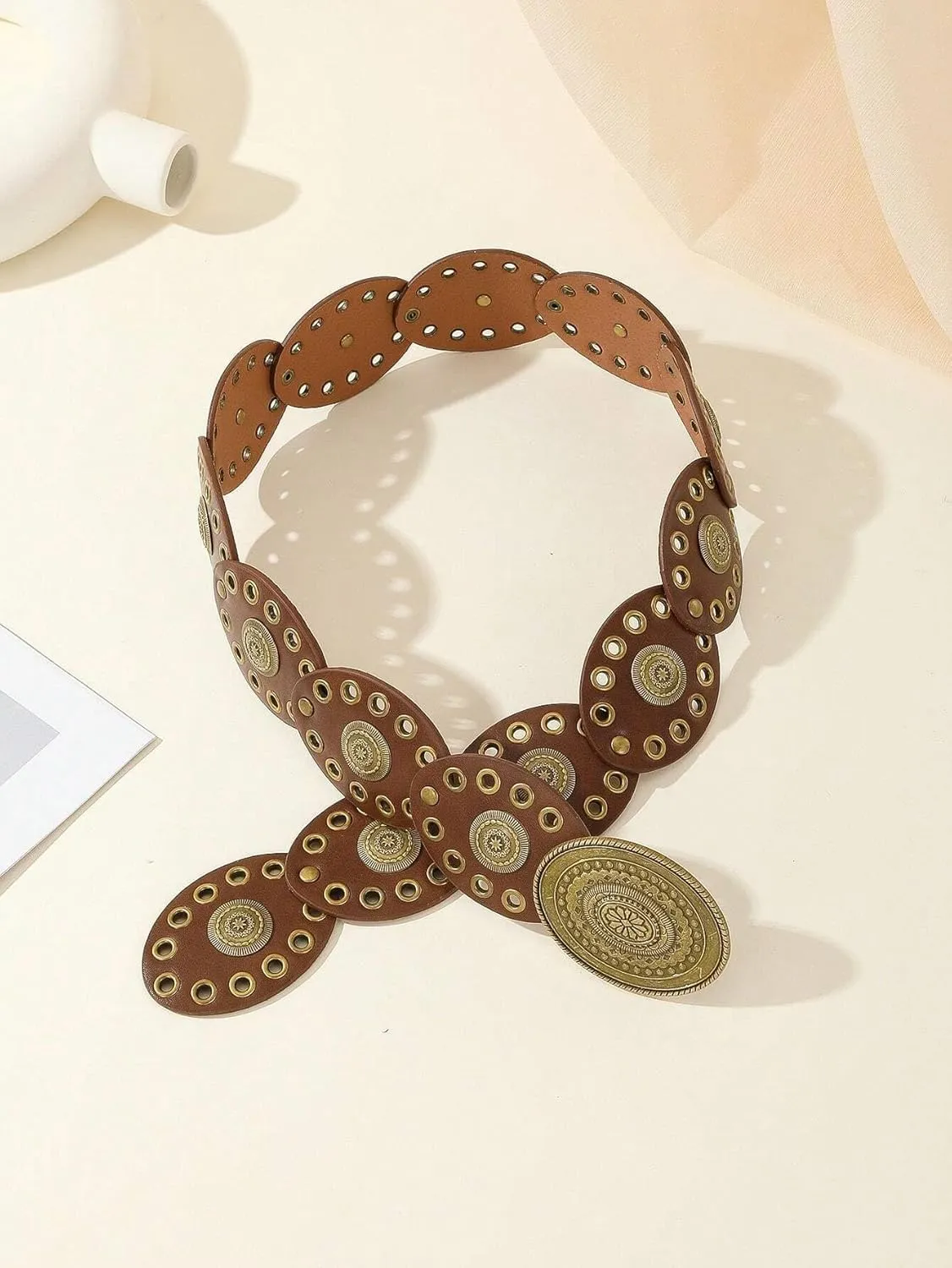 INOGIH Womens Wide Western Cowboy Disc Belt Vintage Cowgirl Concho Leather Belts Boho Style for Jeans Dress Skirt