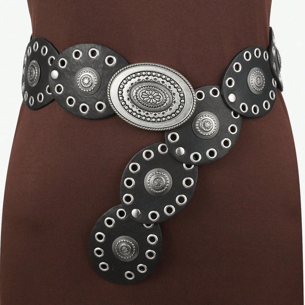 INOGIH Womens Wide Western Cowboy Disc Belt Vintage Cowgirl Concho Leather Belts Boho Style for Jeans Dress Skirt