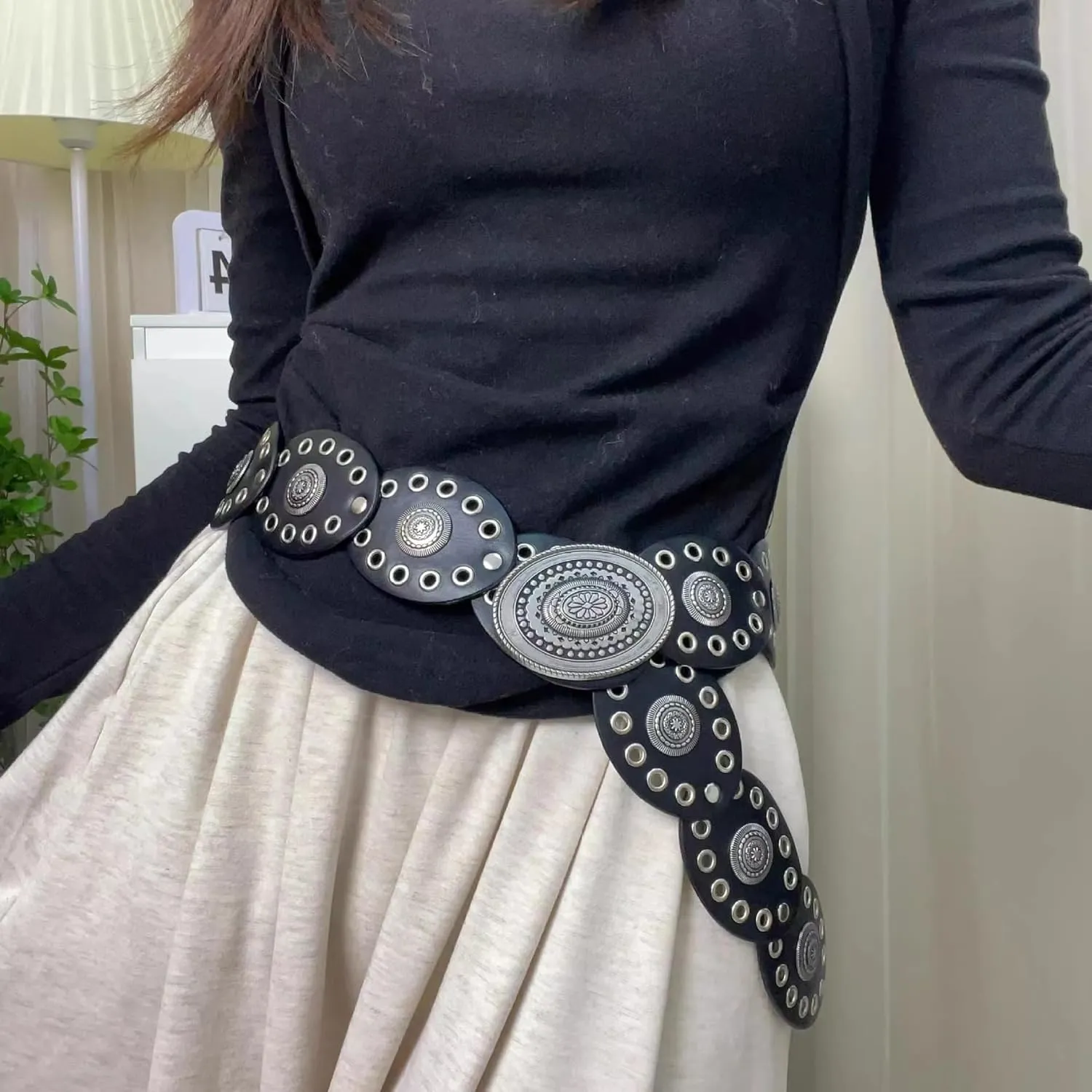 INOGIH Womens Wide Western Cowboy Disc Belt Vintage Cowgirl Concho Leather Belts Boho Style for Jeans Dress Skirt