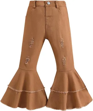 IWEMEK Toddler Girls Ruffle Ripped Jeans Bell Bottom Flare Pants Ripped Denim Leggings Trousers Elastic Waist Ruffle Pants