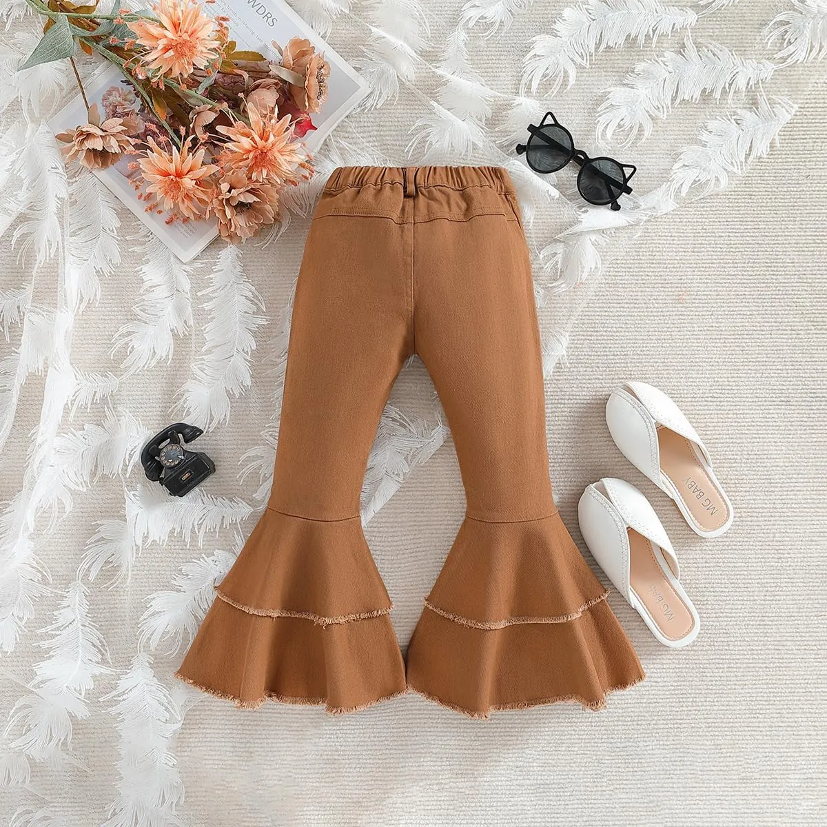 IWEMEK Toddler Girls Ruffle Ripped Jeans Bell Bottom Flare Pants Ripped Denim Leggings Trousers Elastic Waist Ruffle Pants