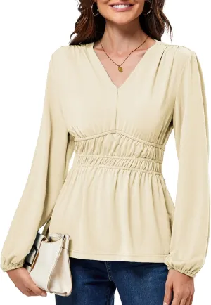 JASAMBAC Women's Elegant V Neck Peplum Tops Shirred Elastic Waist Long Sleeve Shirts Wrap Casual Business Work Blouses