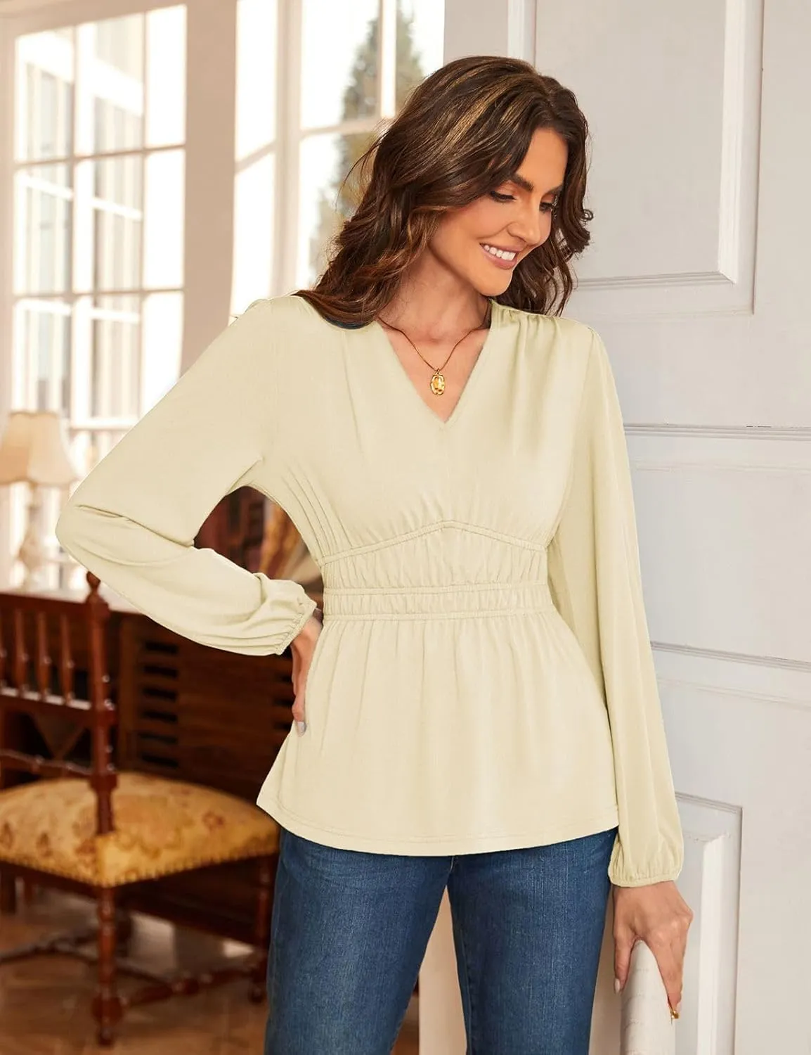 JASAMBAC Women's Elegant V Neck Peplum Tops Shirred Elastic Waist Long Sleeve Shirts Wrap Casual Business Work Blouses