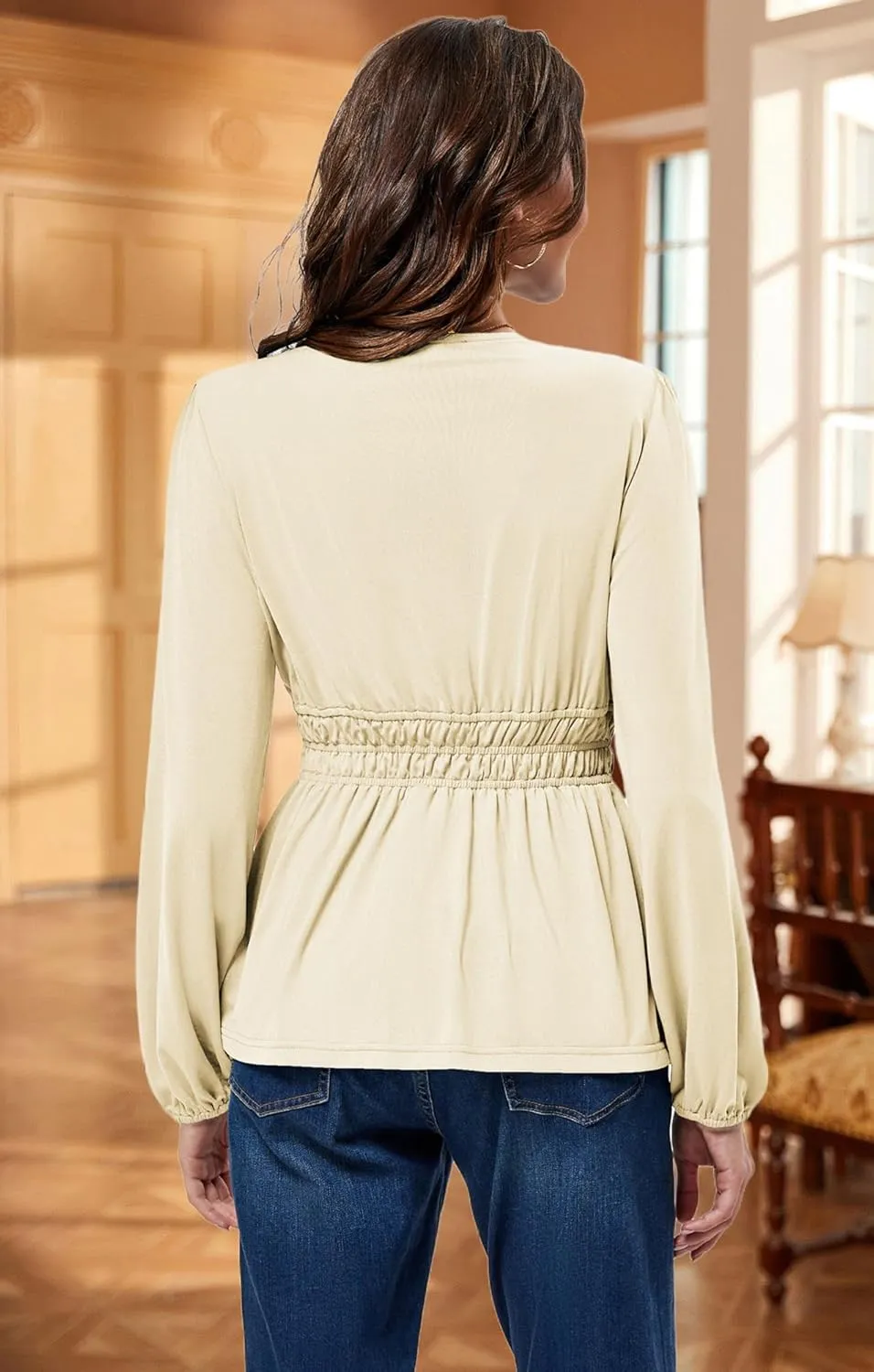 JASAMBAC Women's Elegant V Neck Peplum Tops Shirred Elastic Waist Long Sleeve Shirts Wrap Casual Business Work Blouses