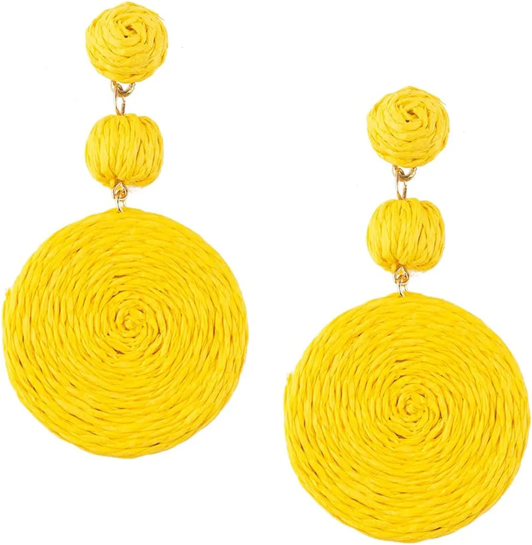 JeanBeau Boho Raffia Ball Round Statement Dangle earrings for Women Teen Large Handmade Lightweight Bohemian Rattan Drop Straw Wrap Earing Dangling Summer Beach Tropical Accessories Jewelry Gift
