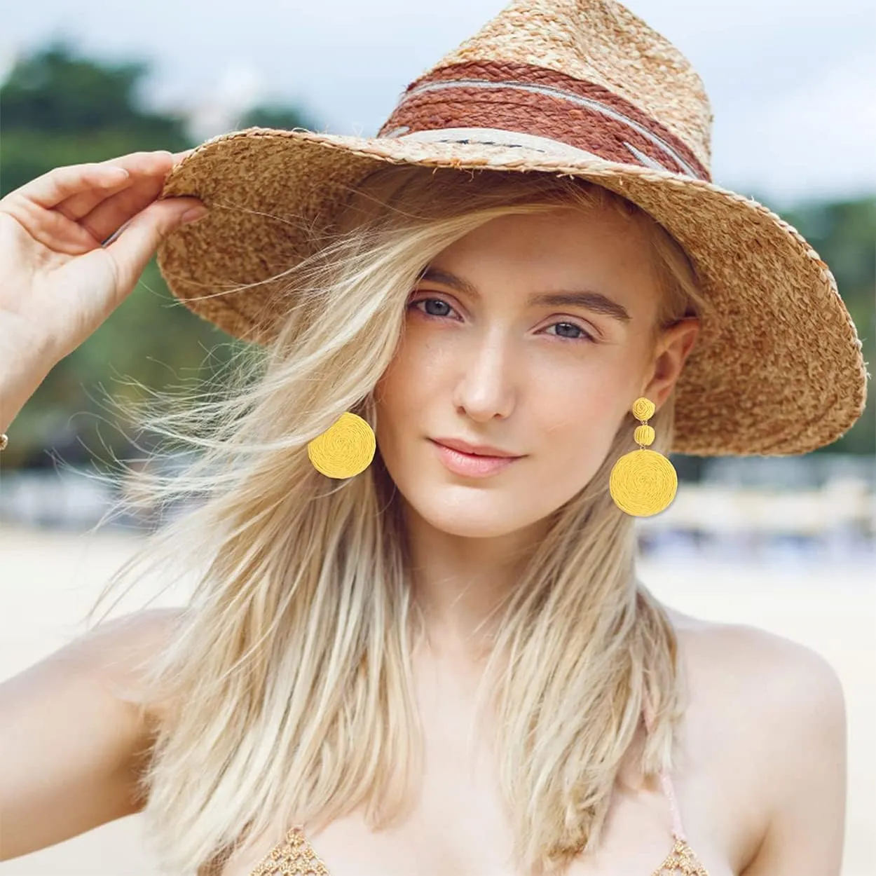 JeanBeau Boho Raffia Ball Round Statement Dangle earrings for Women Teen Large Handmade Lightweight Bohemian Rattan Drop Straw Wrap Earing Dangling Summer Beach Tropical Accessories Jewelry Gift