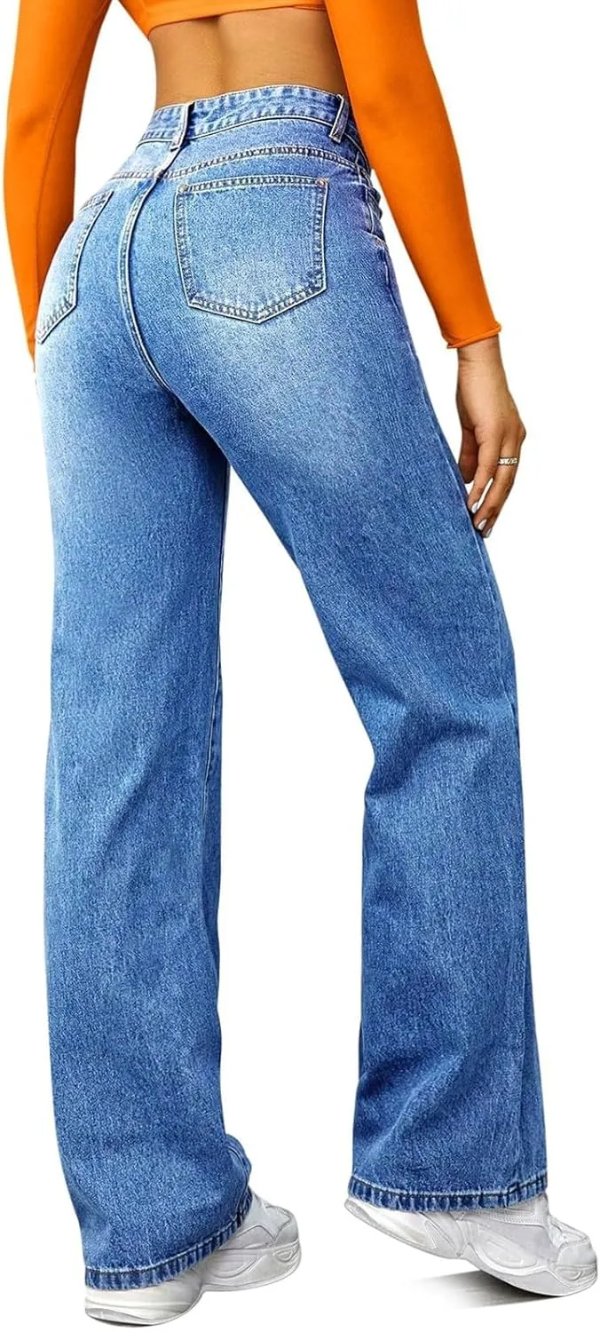 Jeans for Women Trendy Plus Size Casual High Waisted Lounge Baggy Wide Leg Denim Pants with Pockets