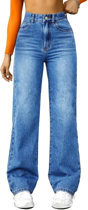 Jeans for Women Trendy Plus Size Casual High Waisted Lounge Baggy Wide Leg Denim Pants with Pockets