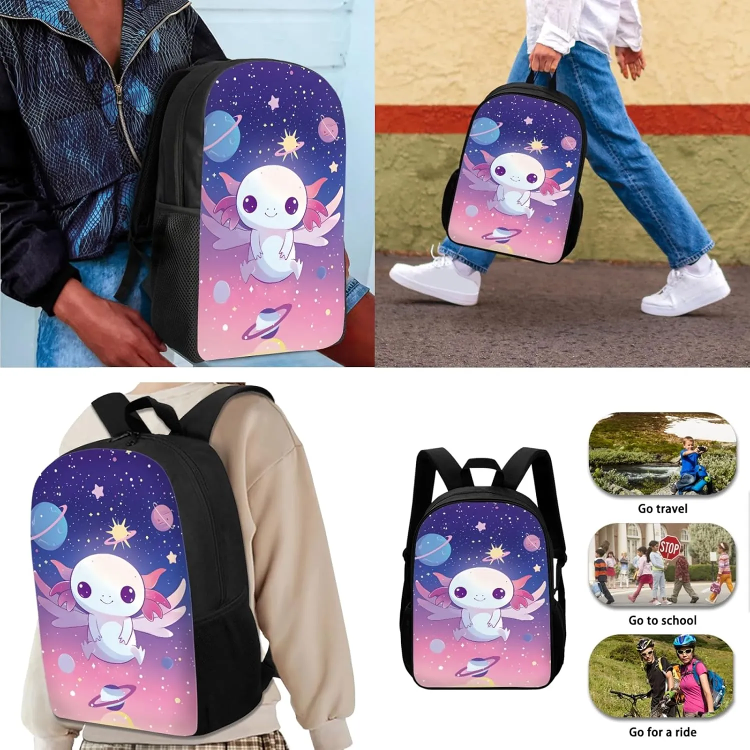 JEOCODY Axolotl School Backpack for Girls Boys Kids Bookbag with Lunch Box Girls School Bookbags Set with Lunch Tote Bag Pencil Case Preschool Kindergarten Elementary School Backpacks Gifts
