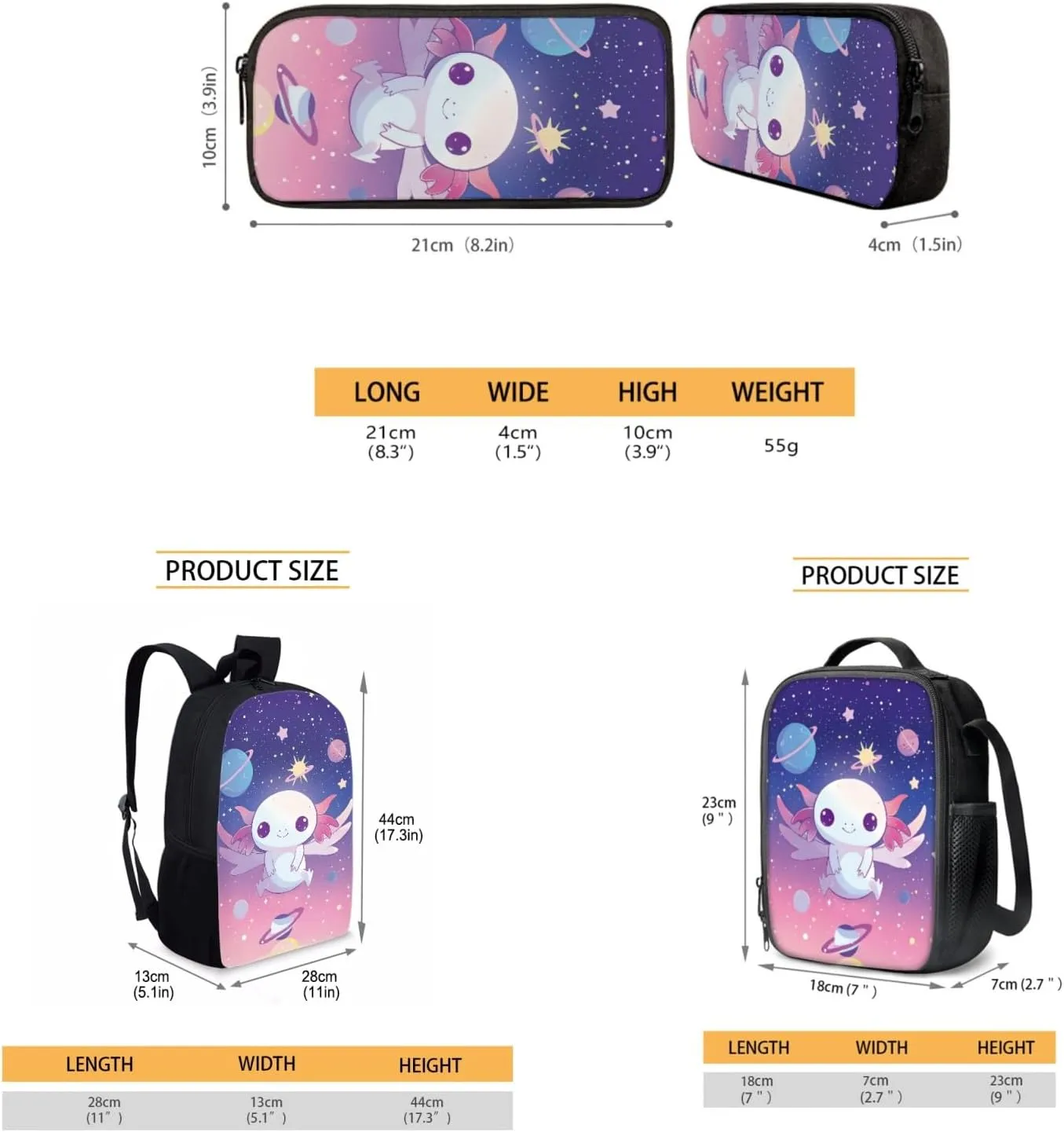 JEOCODY Axolotl School Backpack for Girls Boys Kids Bookbag with Lunch Box Girls School Bookbags Set with Lunch Tote Bag Pencil Case Preschool Kindergarten Elementary School Backpacks Gifts