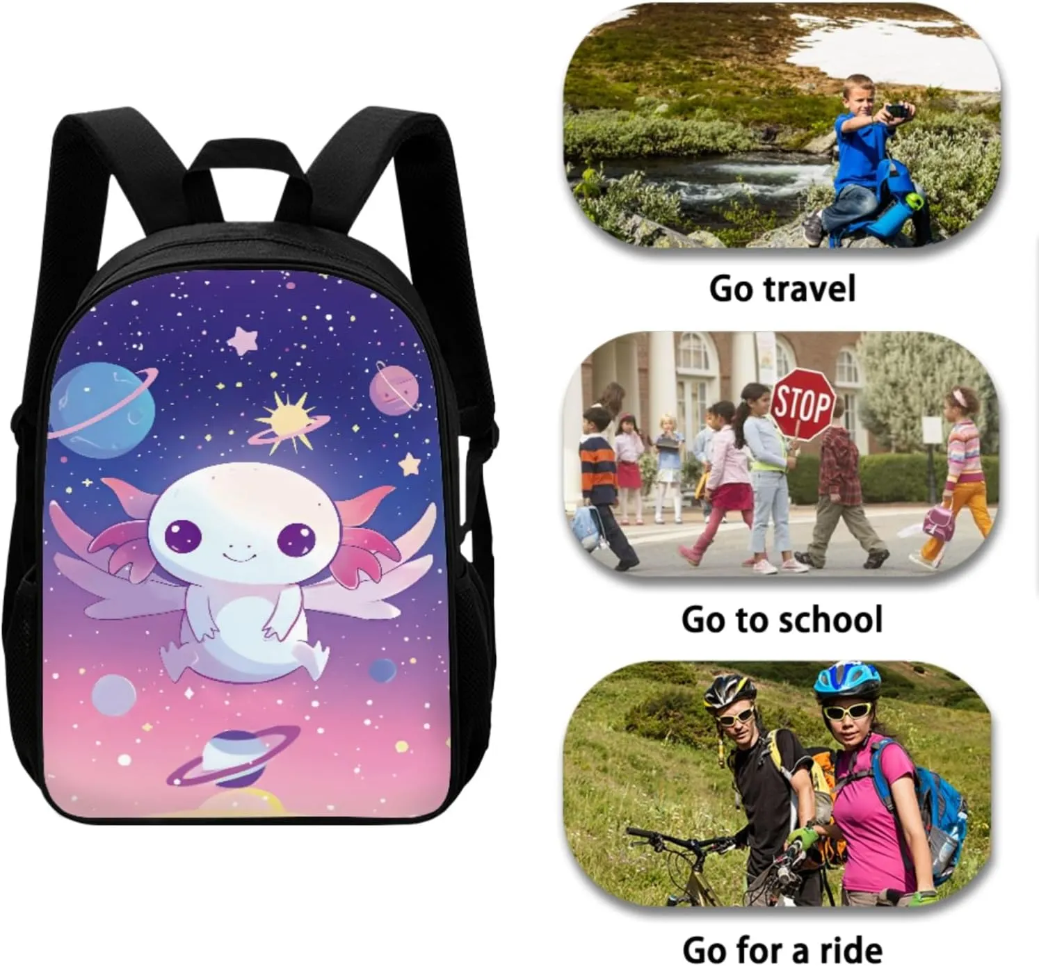 JEOCODY Axolotl School Backpack for Girls Boys Kids Bookbag with Lunch Box Girls School Bookbags Set with Lunch Tote Bag Pencil Case Preschool Kindergarten Elementary School Backpacks Gifts