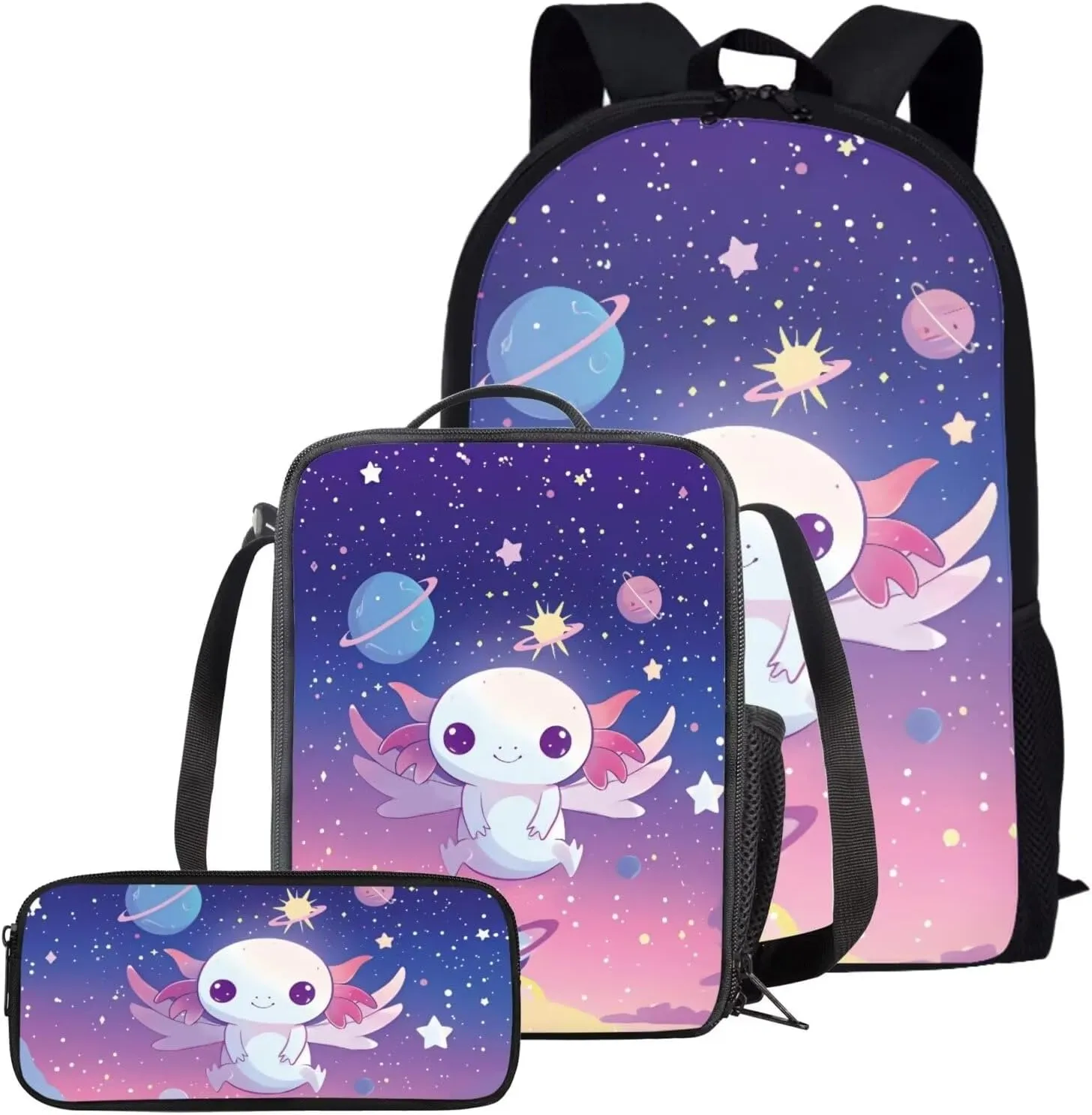 JEOCODY Axolotl School Backpack for Girls Boys Kids Bookbag with Lunch Box Girls School Bookbags Set with Lunch Tote Bag Pencil Case Preschool Kindergarten Elementary School Backpacks Gifts