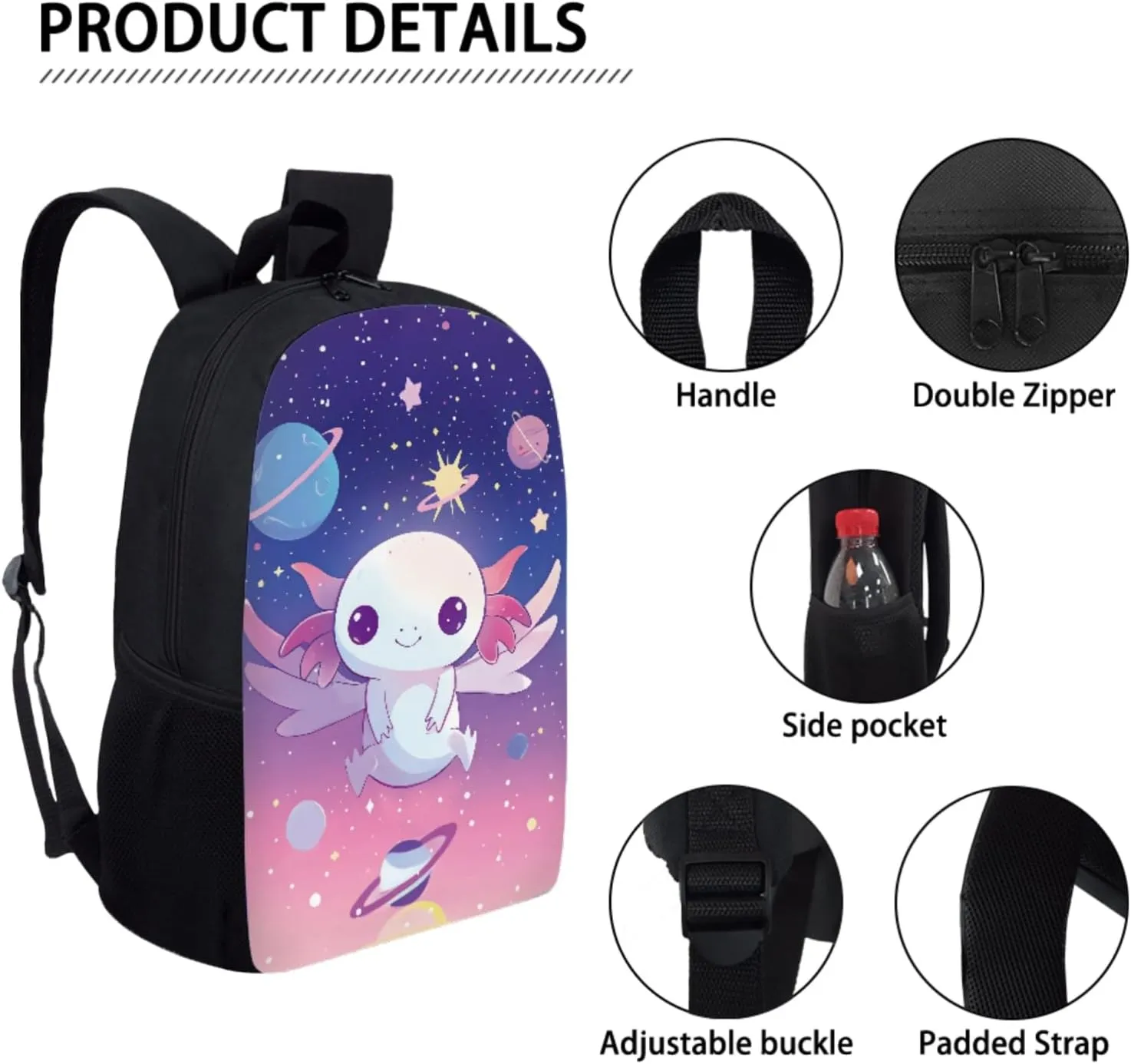 JEOCODY Axolotl School Backpack for Girls Boys Kids Bookbag with Lunch Box Girls School Bookbags Set with Lunch Tote Bag Pencil Case Preschool Kindergarten Elementary School Backpacks Gifts