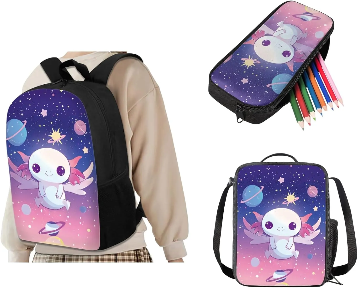 JEOCODY Axolotl School Backpack for Girls Boys Kids Bookbag with Lunch Box Girls School Bookbags Set with Lunch Tote Bag Pencil Case Preschool Kindergarten Elementary School Backpacks Gifts