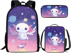 JEOCODY Axolotl School Backpack for Girls Boys Kids Bookbag with Lunch Box Girls School Bookbags Set with Lunch Tote Bag Pencil Case Preschool Kindergarten Elementary School Backpacks Gifts