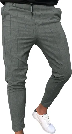 JEShifangjiusu Mens Chinos Casual Pants Slim Fit Stretch Flat Front Plaid Dress Pants Skinny Drawstring Business Trousers