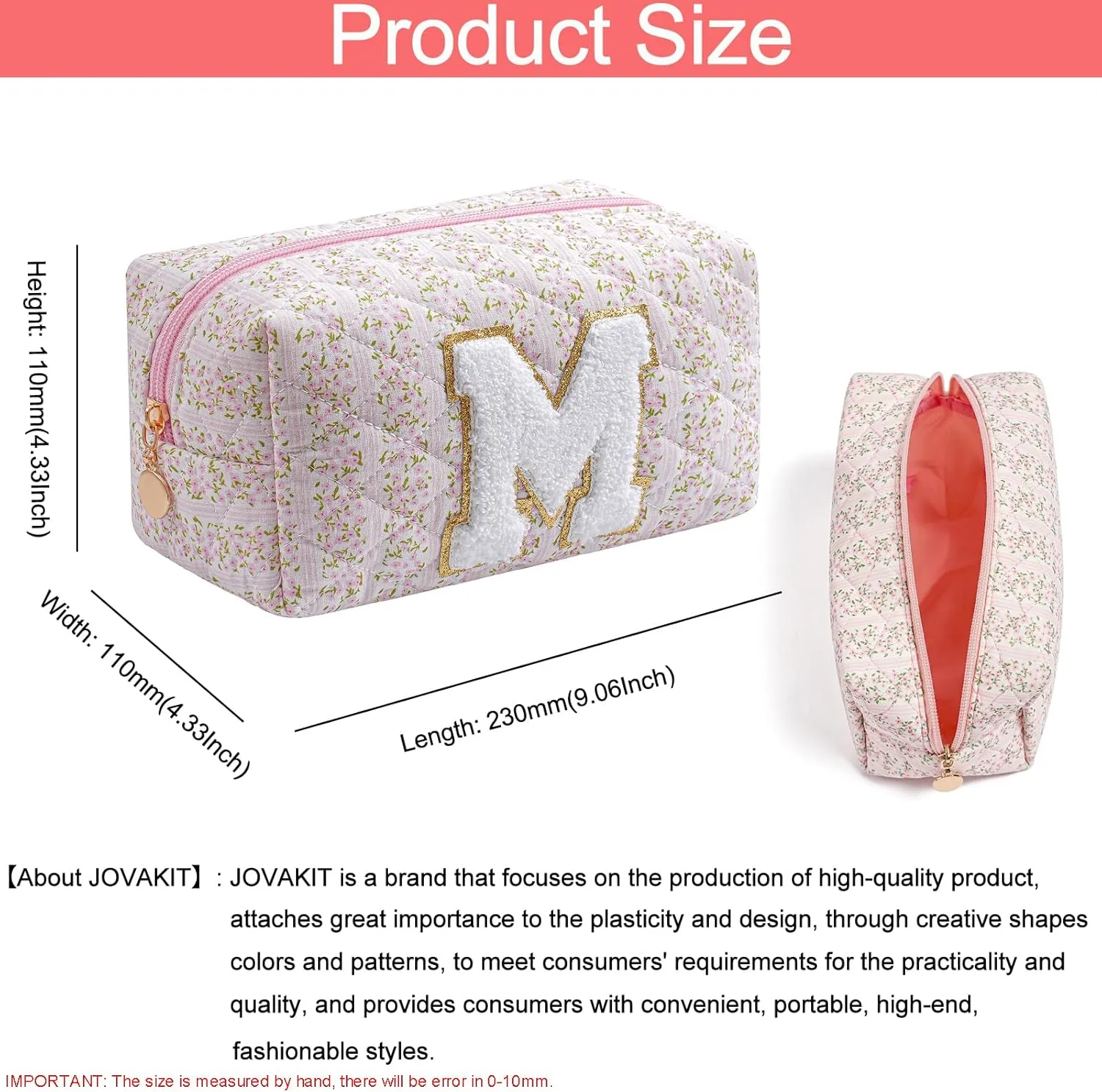 JOVAKIT Alphabet Makeup Bag Cosmetic Bag for Women, Christmas Gifts for Girls Age 6-18, Floral Flowers Coquette Travel Toiletry Zipper Make Up Pouch Organizer Trendy Stuff (Pink Floral M)