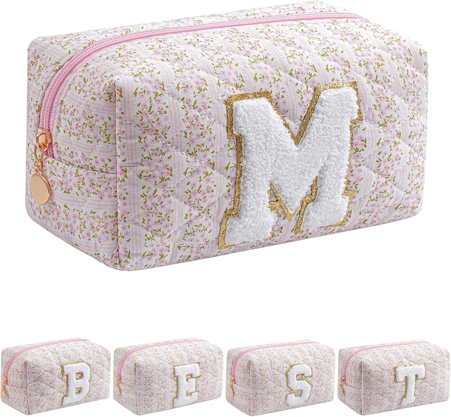 JOVAKIT Alphabet Makeup Bag Cosmetic Bag for Women, Christmas Gifts for Girls Age 6-18, Floral Flowers Coquette Travel Toiletry Zipper Make Up Pouch Organizer Trendy Stuff (Pink Floral M)