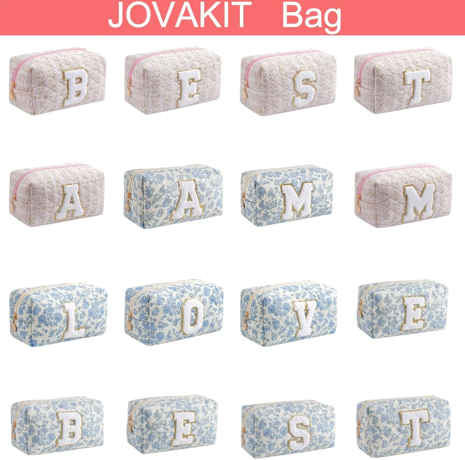 JOVAKIT Alphabet Makeup Bag Cosmetic Bag for Women, Christmas Gifts for Girls Age 6-18, Floral Flowers Coquette Travel Toiletry Zipper Make Up Pouch Organizer Trendy Stuff (Pink Floral M)