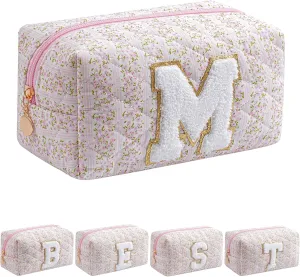 JOVAKIT Alphabet Makeup Bag Cosmetic Bag for Women, Christmas Gifts for Girls Age 6-18, Floral Flowers Coquette Travel Toiletry Zipper Make Up Pouch Organizer Trendy Stuff (Pink Floral M)