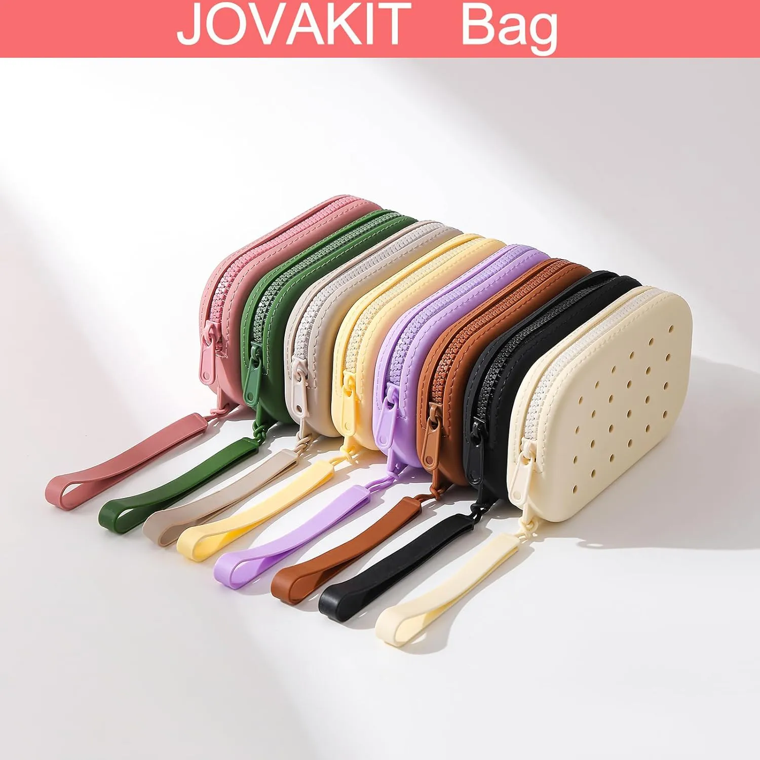 JOVAKIT Small Portable Silicone Makeup Bag for Women with Decorative Holes, Travel Waterproof Toiletry Cosmetic Bag Gifts for Women, Zipper Closure Makeup Case with Handle (White)