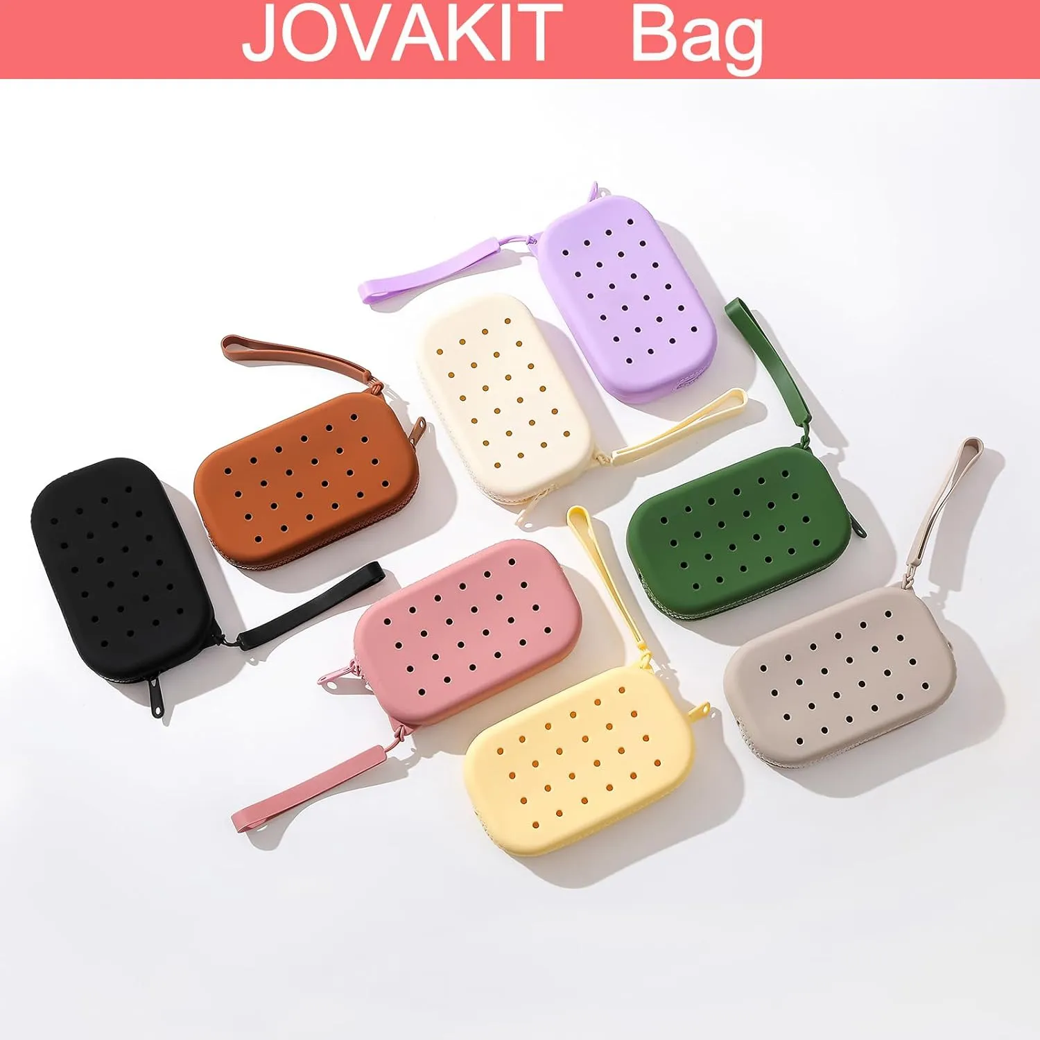 JOVAKIT Small Portable Silicone Makeup Bag for Women with Decorative Holes, Travel Waterproof Toiletry Cosmetic Bag Gifts for Women, Zipper Closure Makeup Case with Handle (White)