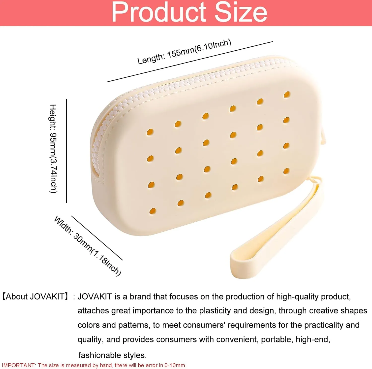 JOVAKIT Small Portable Silicone Makeup Bag for Women with Decorative Holes, Travel Waterproof Toiletry Cosmetic Bag Gifts for Women, Zipper Closure Makeup Case with Handle (White)