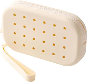 JOVAKIT Small Portable Silicone Makeup Bag for Women with Decorative Holes, Travel Waterproof Toiletry Cosmetic Bag Gifts for Women, Zipper Closure Makeup Case with Handle (White)
