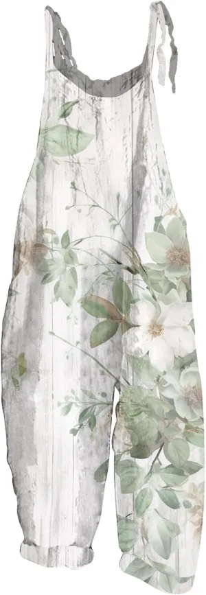 Jumpsuits for Women 2024 Summer Casual Spaghetti Strap Jumpsuit Vintage Printed Plus Size Rompers Wide Leg Overall
