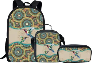KEIAHUAN Boho Hummingbird Pattern Children School Backpack Satchel Backapck School Bag Storage for Elementary School with Lunch Bag Pencil Holder