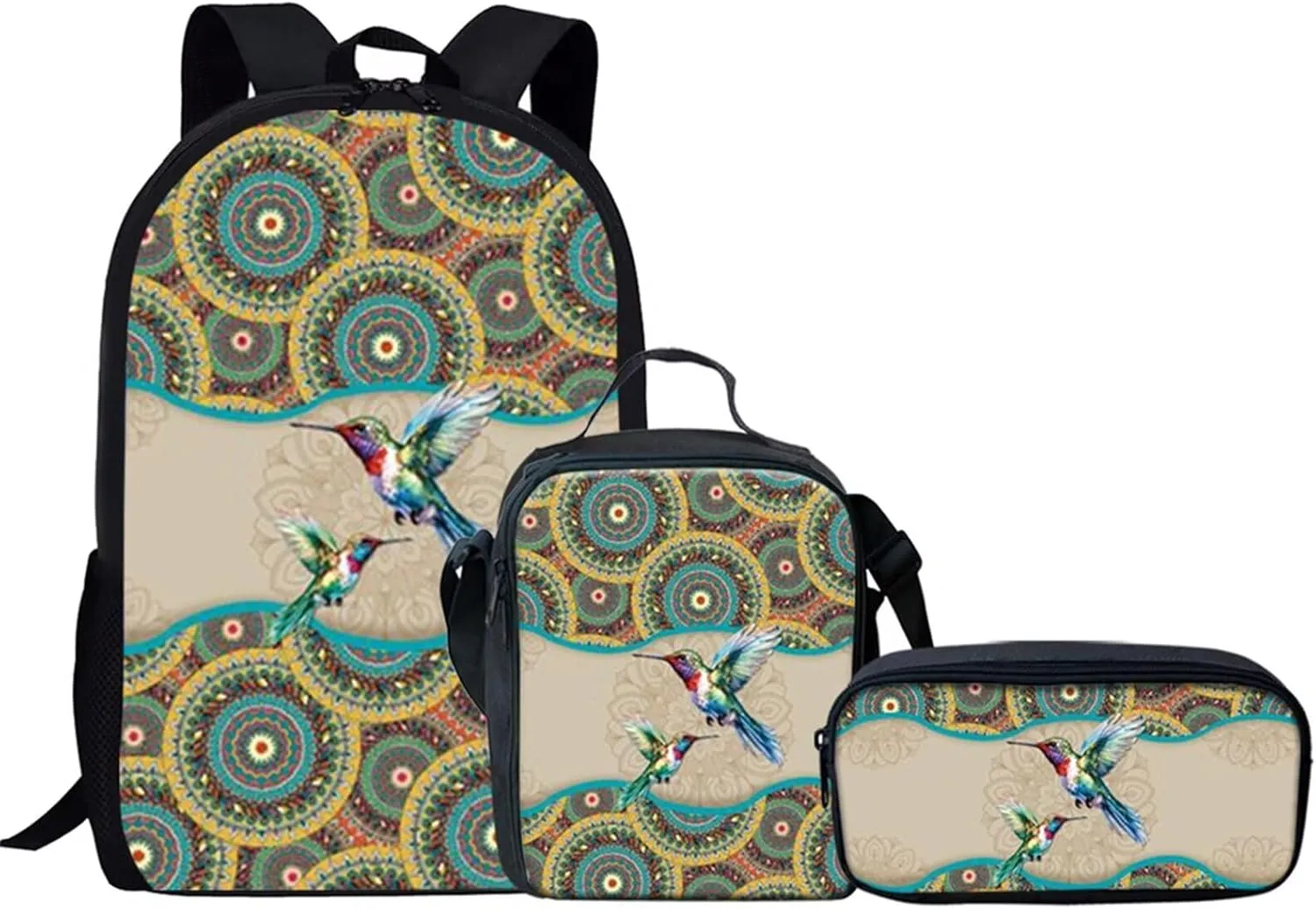 KEIAHUAN Boho Hummingbird Pattern Children School Backpack Satchel Backapck School Bag Storage for Elementary School with Lunch Bag Pencil Holder