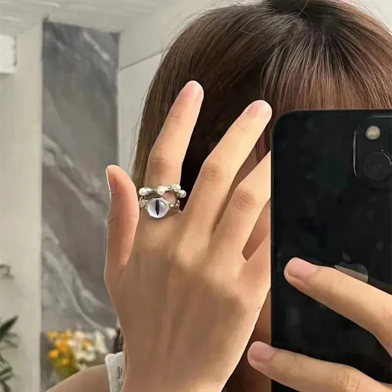 Kiss Jewelry Women Funny Monster Eyes Rings Cute Animals Two Color Cat Eyes Opening Y2K Finger Ring Sweet Kpop Accessories 2023
