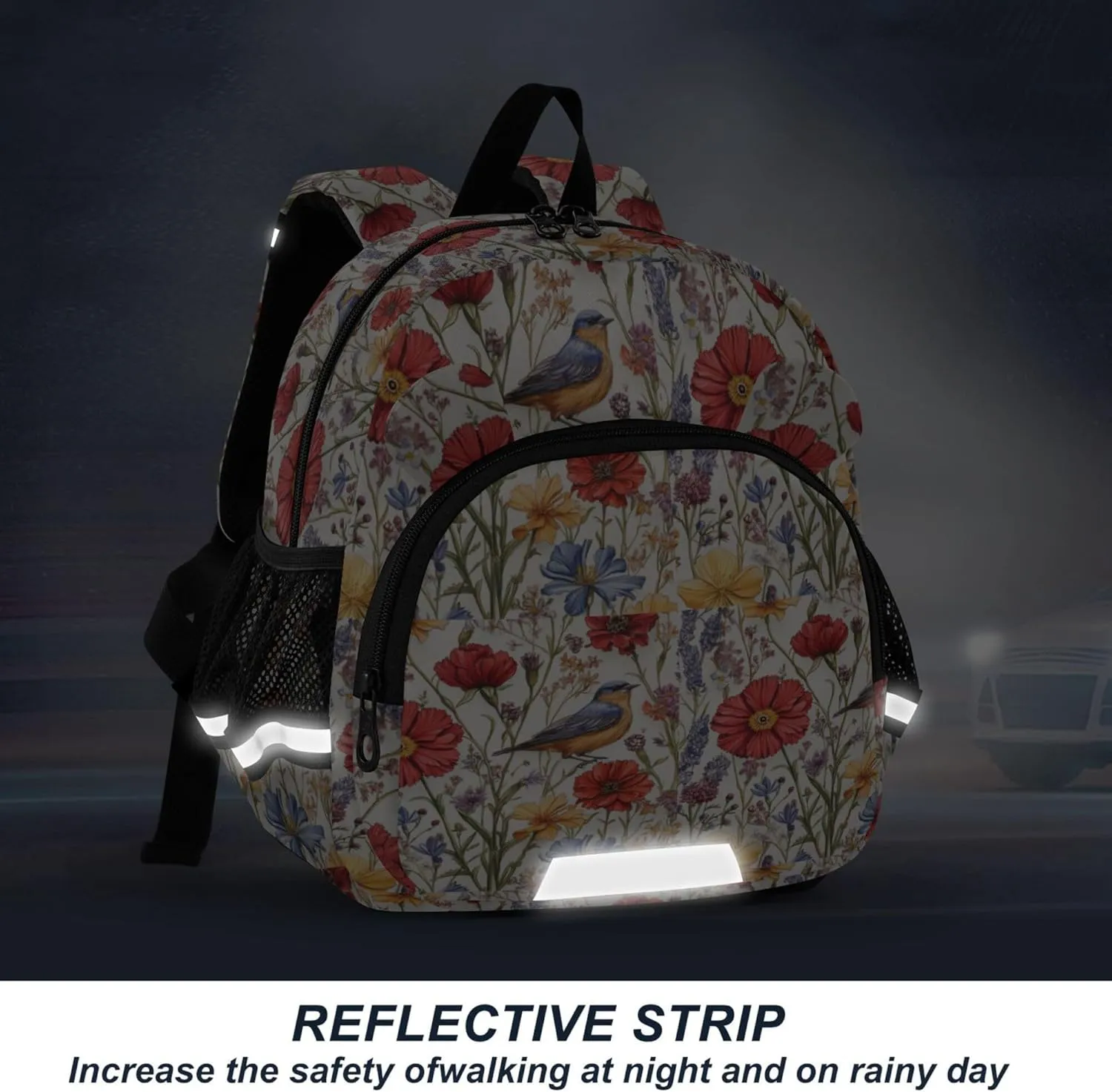 KLL Cute Ears Preschool Backpack Leash Cool Girls Anti-Lost Personalized School Bag For Toddlers with Reflective Strip S Florals Carnation Osteospermum Birds