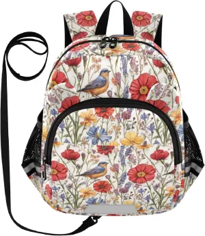 KLL Cute Ears Preschool Backpack Leash Cool Girls Anti-Lost Personalized School Bag For Toddlers with Reflective Strip S Florals Carnation Osteospermum Birds