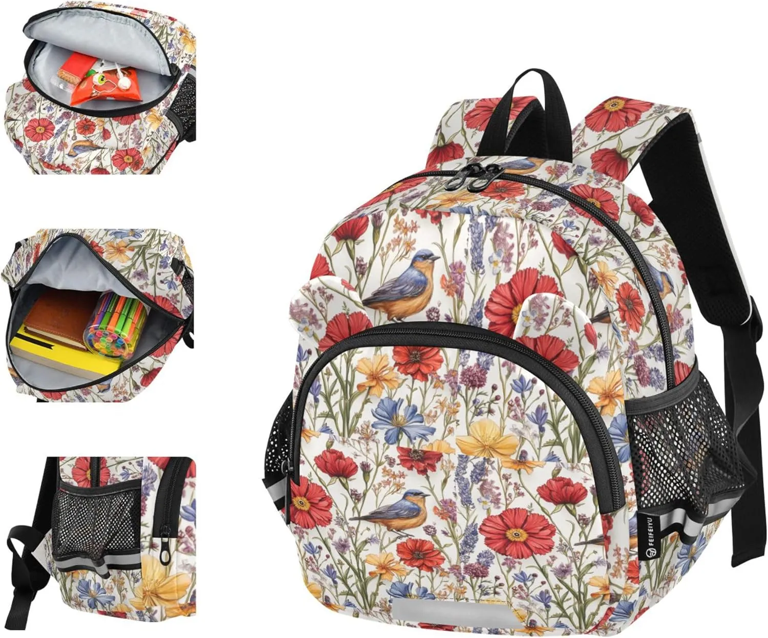 KLL Cute Ears Preschool Backpack Leash Cool Girls Anti-Lost Personalized School Bag For Toddlers with Reflective Strip S Florals Carnation Osteospermum Birds