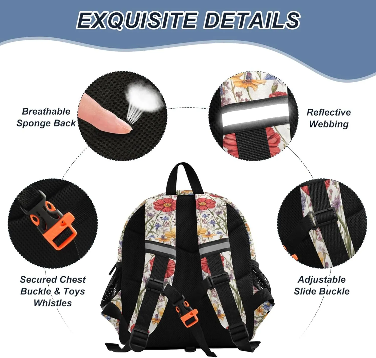 KLL Cute Ears Preschool Backpack Leash Cool Girls Anti-Lost Personalized School Bag For Toddlers with Reflective Strip S Florals Carnation Osteospermum Birds