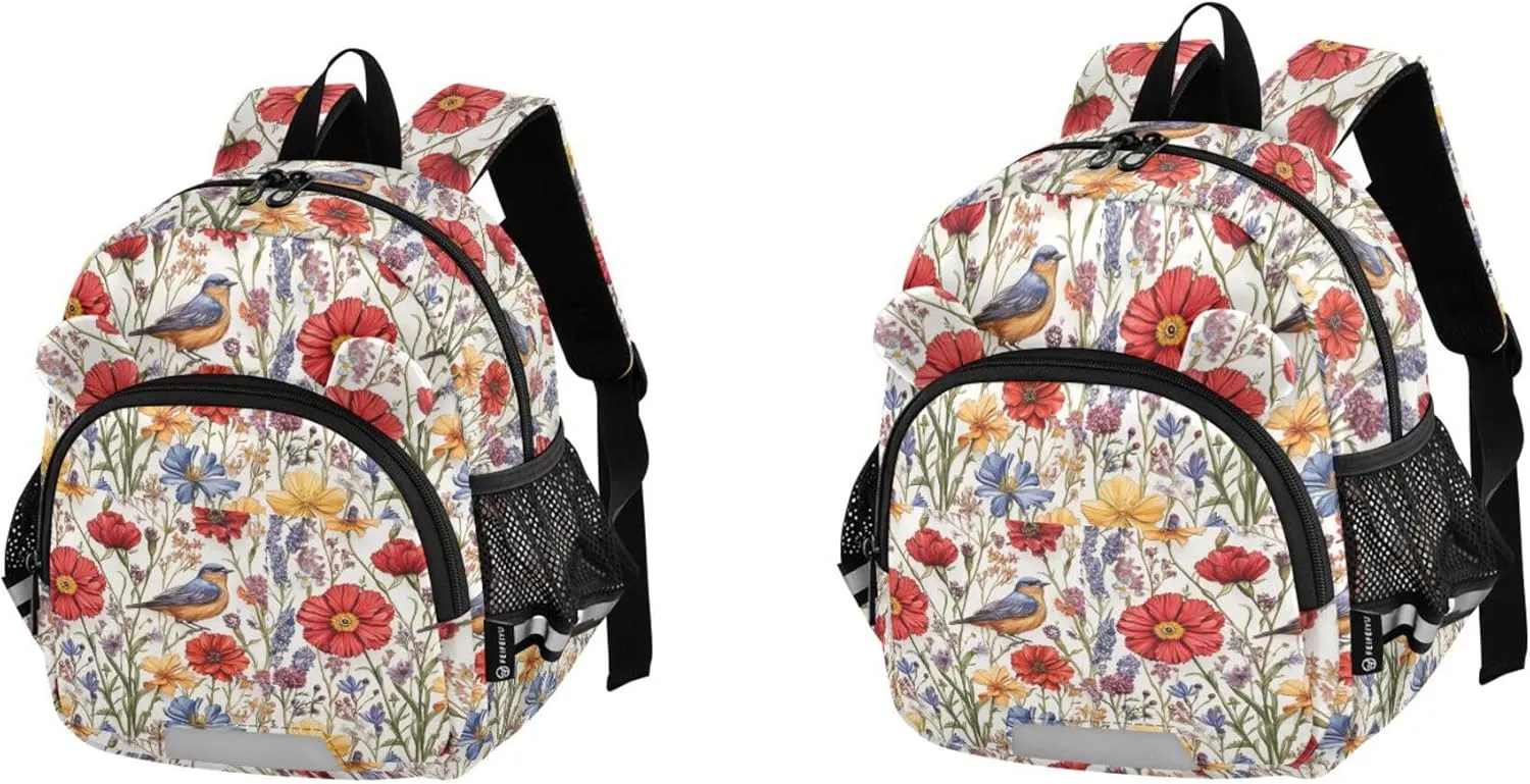 KLL Cute Ears Preschool Backpack Leash Cool Girls Anti-Lost Personalized School Bag For Toddlers with Reflective Strip S Florals Carnation Osteospermum Birds