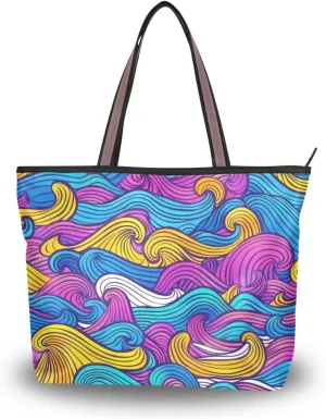 KLL silk fabric zippered hobo handbags reusable leather handbags for women for shopping Colorful Waves Lines Hand Drawn Doodle Style size 15.7x11.4 in