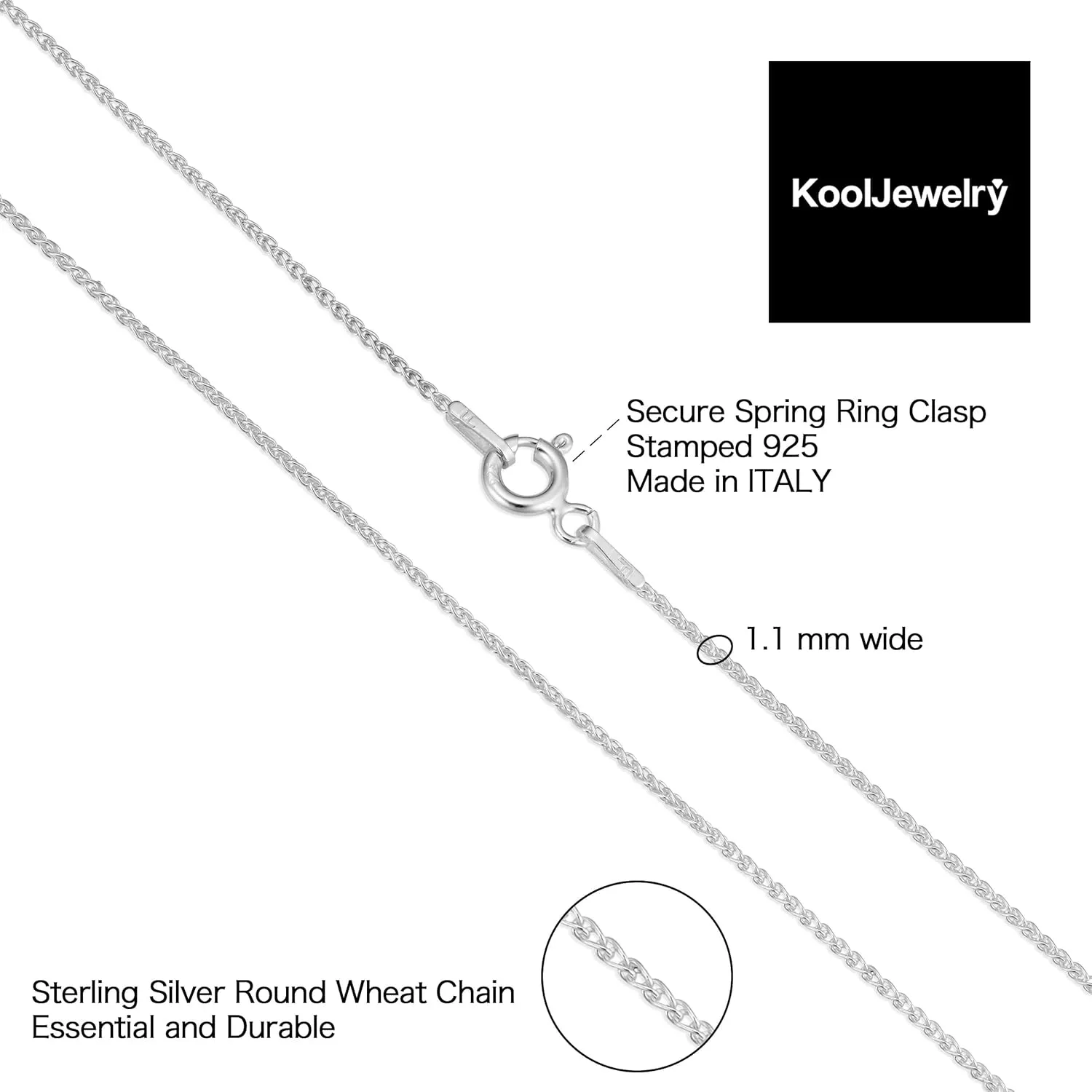 Kooljewelry Sterling Silver Round Wheat Chain Anklet (1.1 mm, 1.5 mm, 2 mm or 2.6 mm)