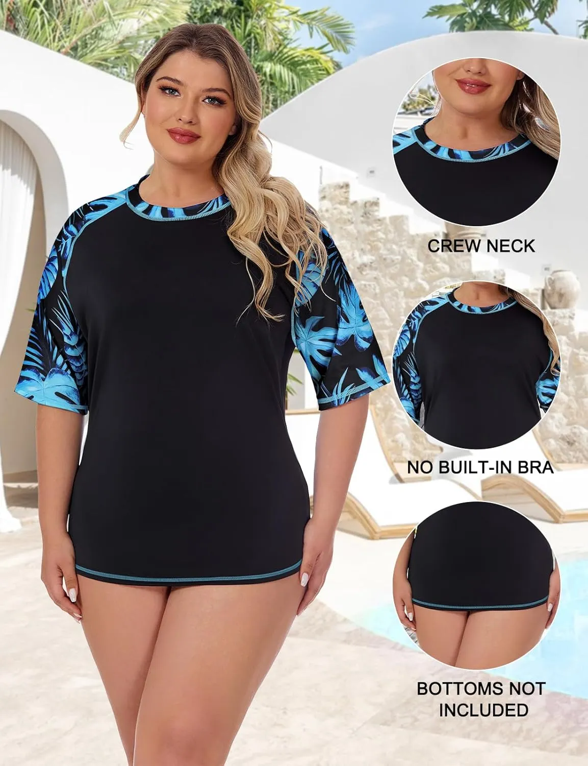 Koscacy Women's Plus Size Rash Guard Swim Shirt Short Sleeves UPF 50  Swimwear Workout Tops 1X-5X