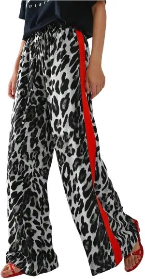 Kubbon Leopard Pants Women Elastic Waisted Wide Leg Pants Casual Stretchy Lounge Pant Palazzo Trousers with Pockets