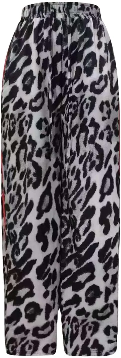 Kubbon Leopard Pants Women Elastic Waisted Wide Leg Pants Casual Stretchy Lounge Pant Palazzo Trousers with Pockets