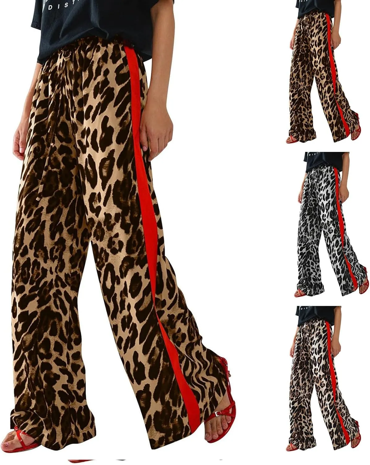 Kubbon Leopard Pants Women Elastic Waisted Wide Leg Pants Casual Stretchy Lounge Pant Palazzo Trousers with Pockets