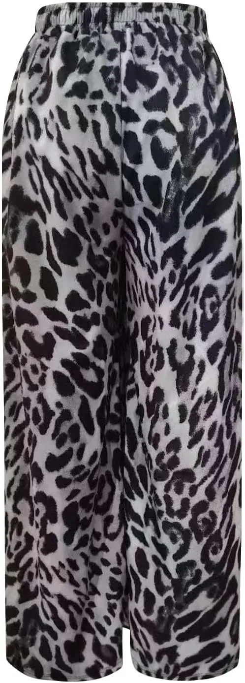Kubbon Leopard Pants Women Elastic Waisted Wide Leg Pants Casual Stretchy Lounge Pant Palazzo Trousers with Pockets