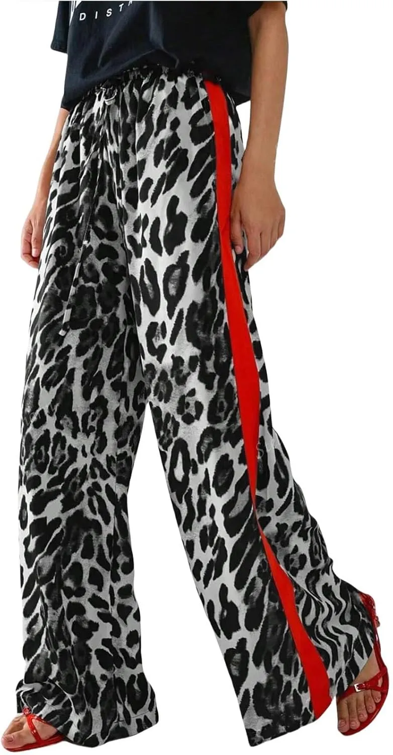 Kubbon Leopard Pants Women Elastic Waisted Wide Leg Pants Casual Stretchy Lounge Pant Palazzo Trousers with Pockets